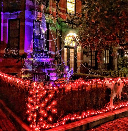 Halloween decorations on Marlborough Street in the Back Bay