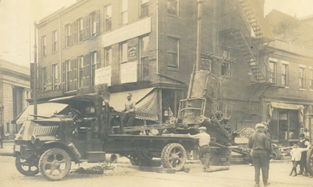 Boiler on a flatbed in old Boston