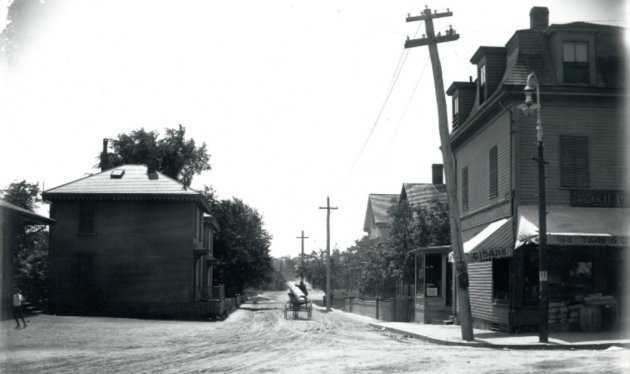 Old Boston street scene with horse and wooden planks