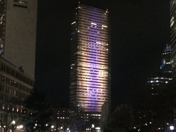 Downtown Boston in purple and gold for Kobe Bryant