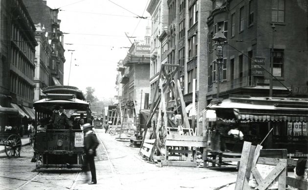 Old Boston street scene with trolley