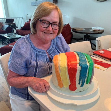 Mary McCann with Dorchester Gas Tank birthday cake