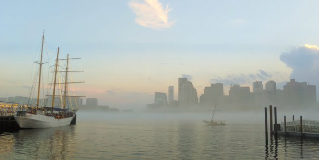 Stillness in the fog on Boston Harbor