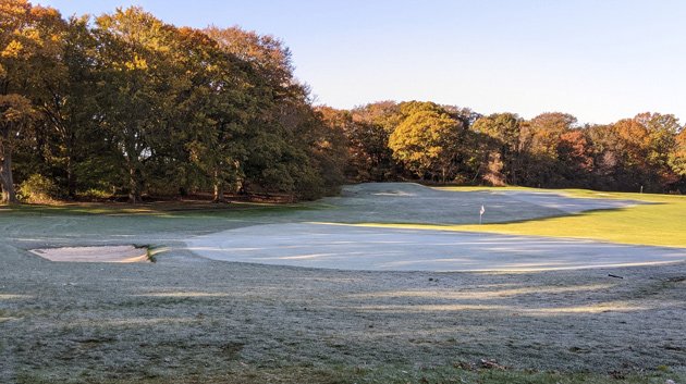 Frost-covered green at Franklin Park golf course