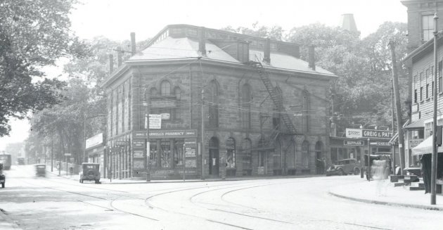 Pharmacy and dance hall in old Boston