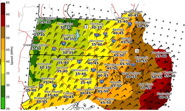 Map showing expected precocious   upwind   gusts crossed  confederate  New England Tuesday and Wednesday