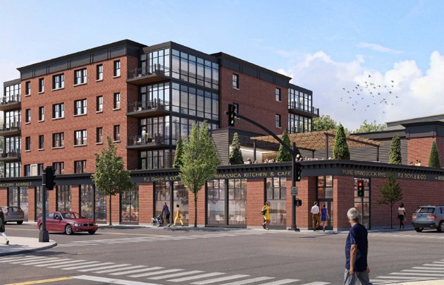 Rendering of new Doyle's with condos and a grocery store