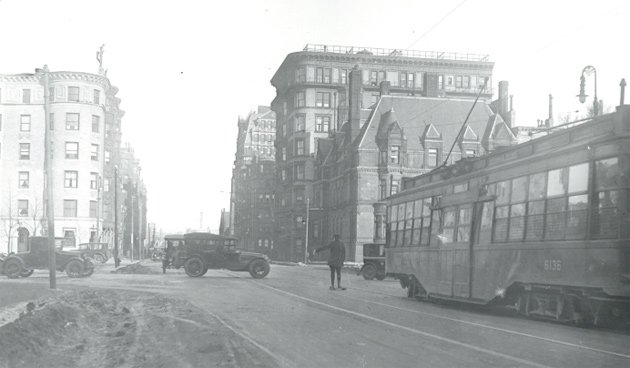 Trolley and old cars in old Boston