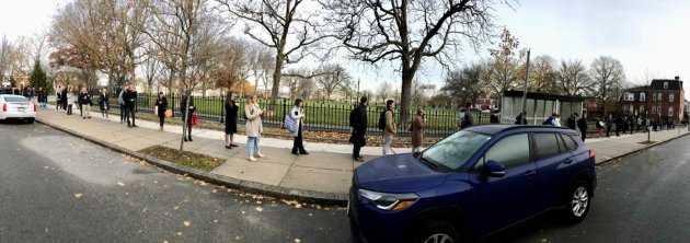 The line for the 7 bus in South Boston this morning