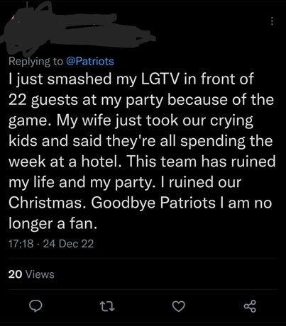 Fan says he smashed his TV after Pats loss, wife took kids to a hotel