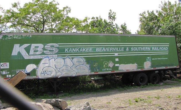 Kankakee, Beaverville and Southern Railroad trailer on Mission Hill