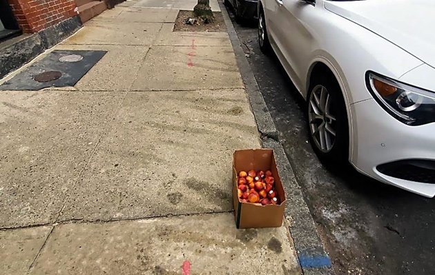 Box of abandoned peaches on Hereford Street