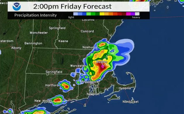 NWS forecast map showing severe weather in the Boston area around 2 p.m.