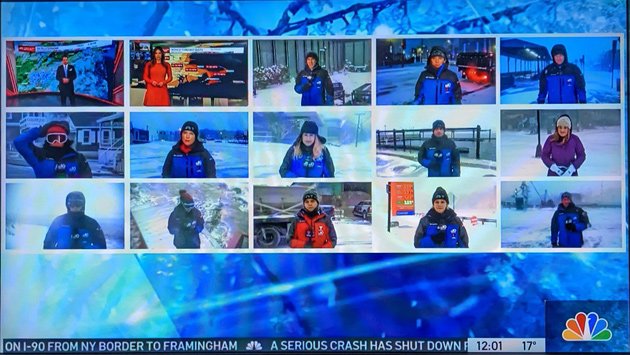 15 reporters and weather people on the screen at once