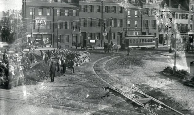 Curved trolley tracks in old Boston