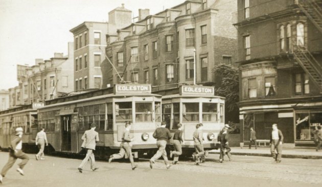 Rushing for a trolley in old Boston