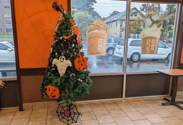 Christmas tree decorated for Halloween
