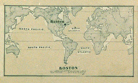 A map showing Boston and vicinity, i.e., the rest of the world