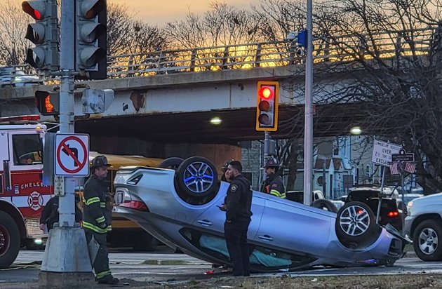 Flipped car in Chelsea