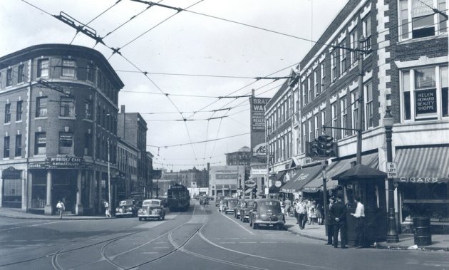 Old street scene with trolley and tracks