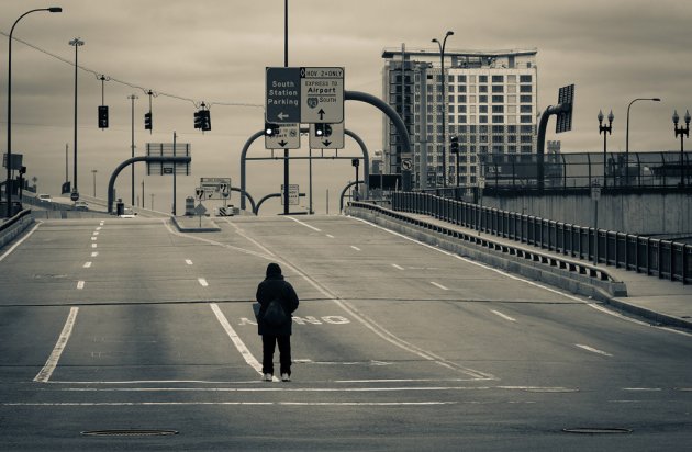 Beggar at end of I-93 ramp in Chinatown