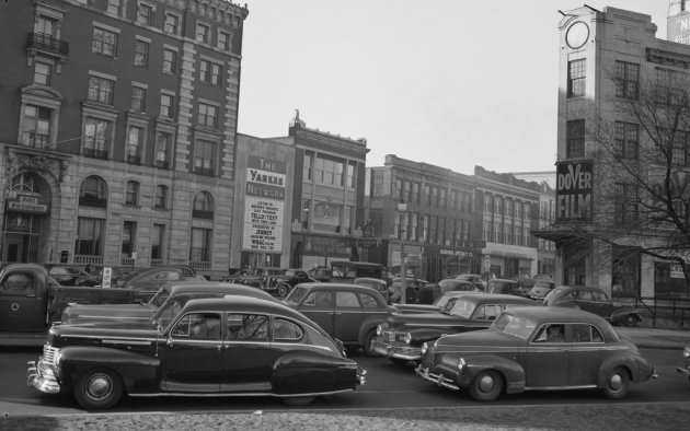 Traffic heading into Kenmore Square on Commonwealth Avenue and Beacon Street in 1946