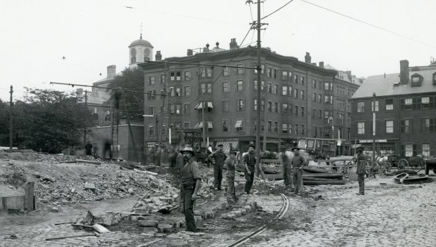 Men installing street-car tracks in old Boston