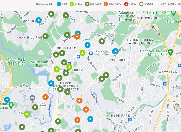 Map showing power outages across West Roxbury, Dedham, part of Roslindale