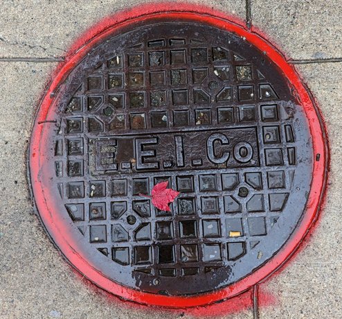 Red leaf on a red-outlined manhole cover