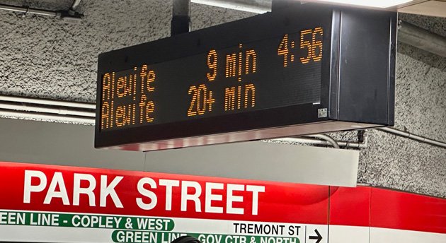 Nine minutes for the next train to Alewife on the Red Line