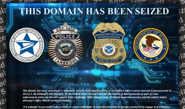 Seized domain notice on Boston-area Web site
