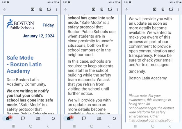 Screen captures of message about safe mode at Boston Latin Academy