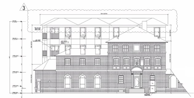 Schematic of old convent building and extension behind it by Context