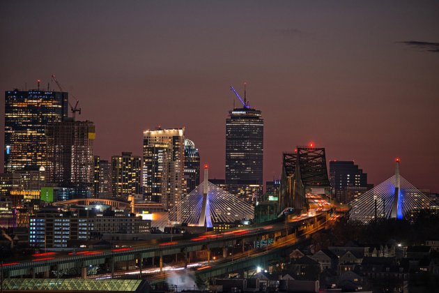 Boston skyline and Tobin Bridge at night