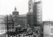 Church in old Boston with scaffolded steeples