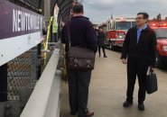 Commuters at Newtonville MBTA station