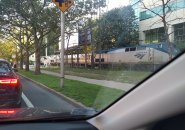 Amtrak train chugging through Cambridge