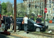 Car smashed into pole on trolley tracks in Brighton