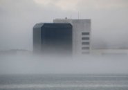 JFK Library in the fog on Dorchester Bay