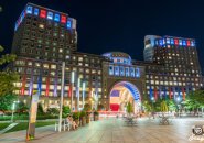 Rowes Wharf lit up in support of France