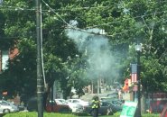 Burning trackless-trolley wires in Watertown Square
