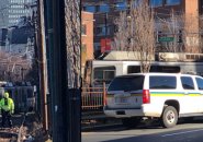Derailed trolley outside Kenmore Square