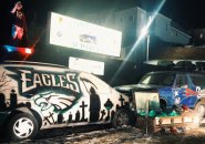 Eagles and Patriots SUV display in East Boston