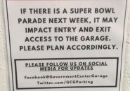 Sign at Government Center garage warning of possible exiting issues should the Pats win the Super Bowl and hold a parade