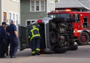 Partially flipped SUV in Roslindale