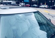 Busted windshield on Washington Street in the South End