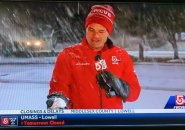Channel 5 reporter with a snowball