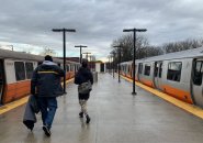 Old and new Orange Line cars at Oak Grove