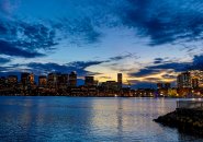 Sunset over Boston Harbor and downtown Boston