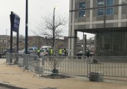 Boston Police headquarters being surrounded by fencing